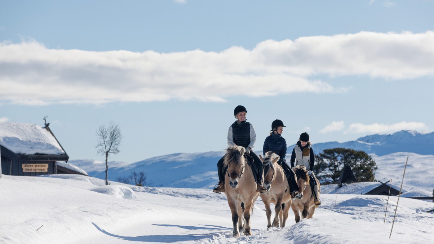 Three riders on horses following a snowy trail beneath a blue sky
